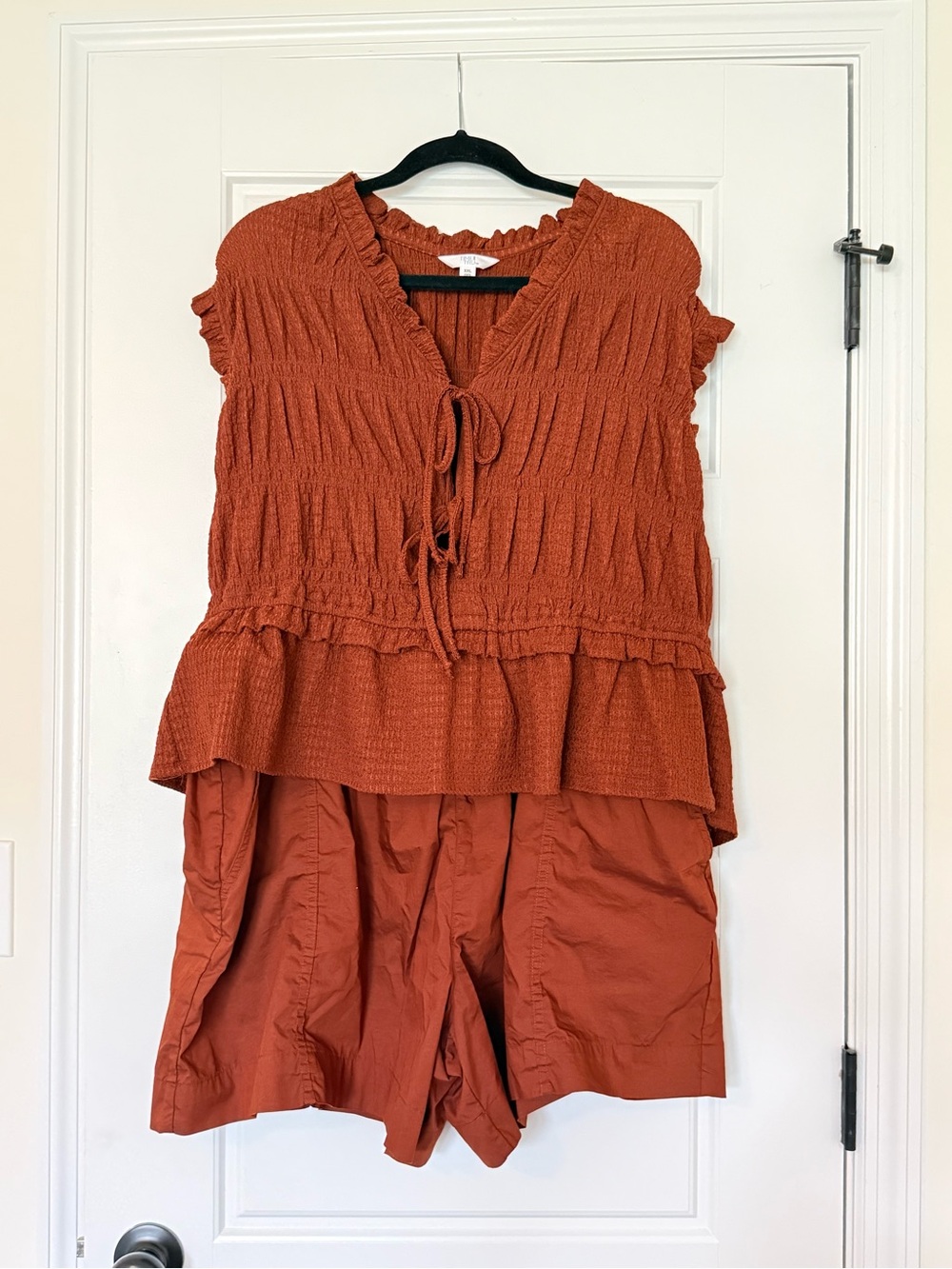 Time and Tru Rust Textured Smocked Neck Top